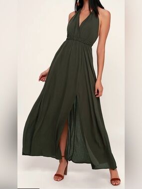 Lulus finest hour olive green halter maxi dress size XL